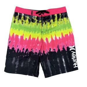 Hurley Board Shorts Boys 14 Black‎ Neon Tie Dye Swim Trunks 14/27 Waist
